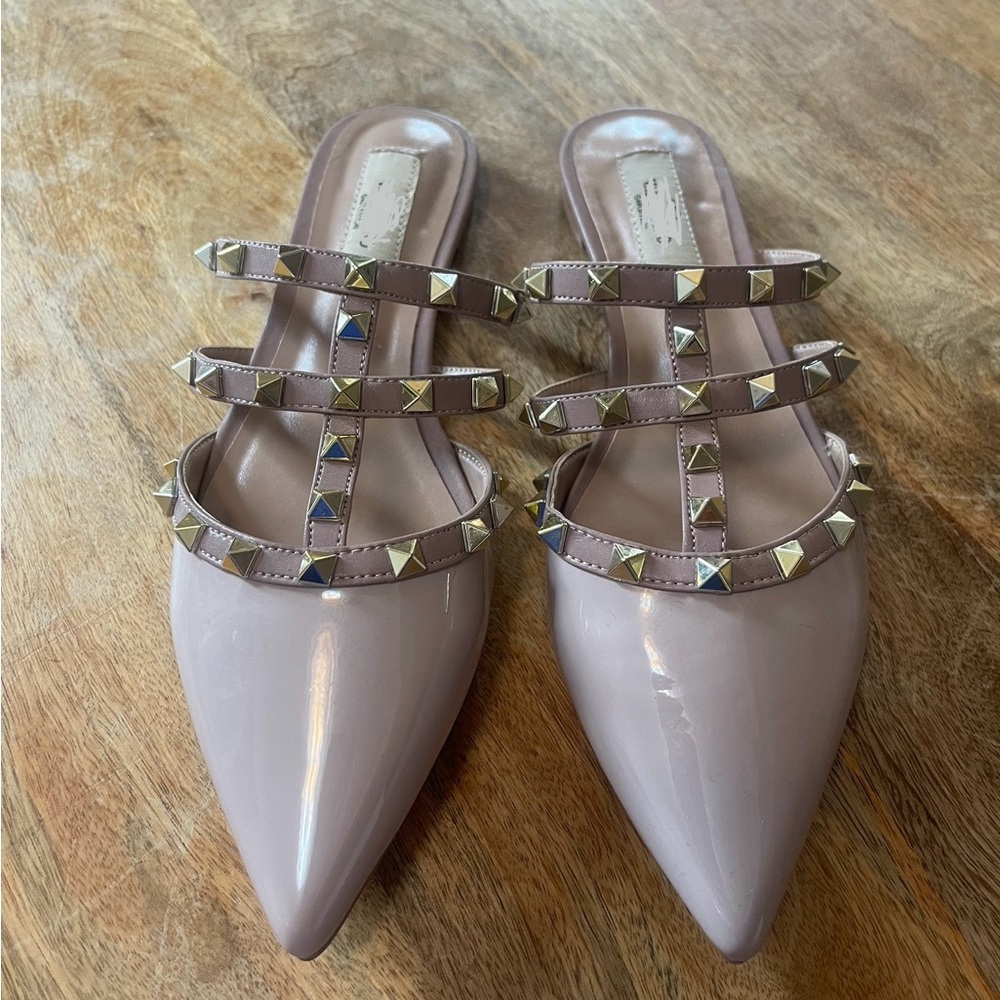 Nude Studded Pointed Toe Mules